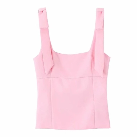 Women Tank Top Bow Shoulder Straps Square Neck Slim Fit Cropped Sleeveless Cami Polyester Sweet INS Style Top