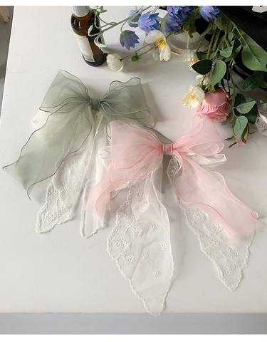 Fermaglio Per Capelli Con Fiocco Grande Rete Pizzo Ricamo Floreale Organza Clip A Molla Stile Fata Dolce Per Donna