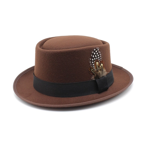 Vintage Pork Pie Hat Polyester Felt Fedora With Feather Decor British Style Jazz Hat For Women Men