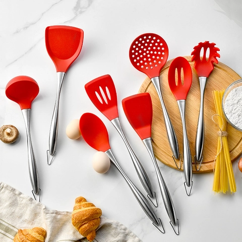 Silicone And 304 Stainless Steel Cooking Utensils Spatula Ladle Slotted Spoon Pasta Server Heat Resistant Kitchen Tools