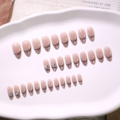 Unghie Finte Stile Francese Pois Neri Forma Mandorla Base Rosa Unghie Artificiali Con Fiocchi E Strass