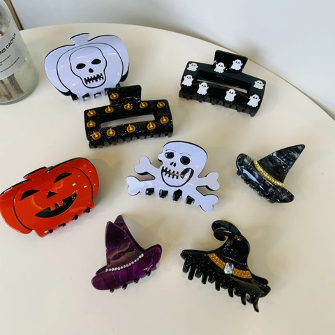 Mollette Capelli Halloween Acetato Acrilico Zucca Fantasma Teschio Cappello Da Strega Per Festa Costume Donne Ragazze
