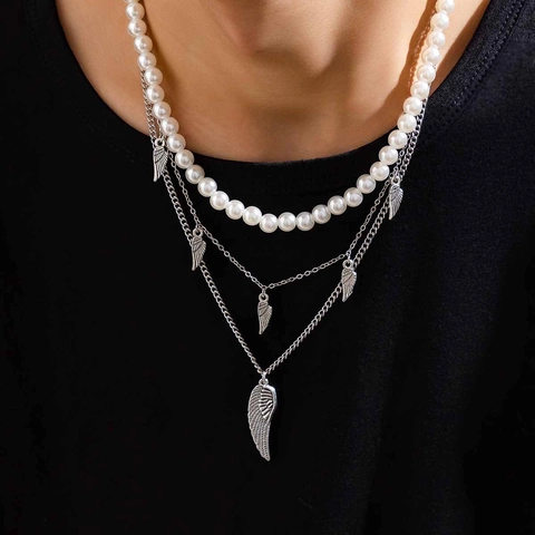 Multi-layer Necklace With White Imitation Artificial Pearls And Alloy Iron Chains Silver Wing Pendants Fashion For Men