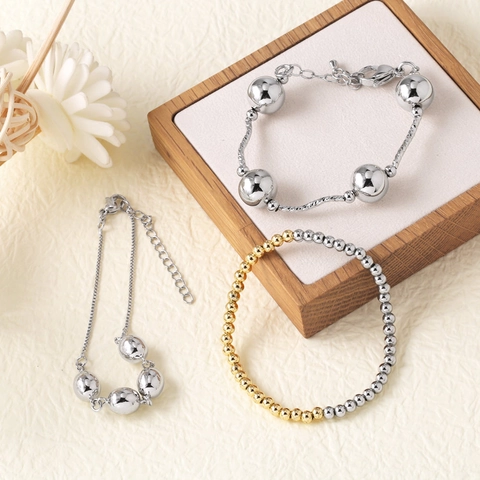 Bracelet À Perles Rondes Minimaliste Cuivre Plaqué Or 18K Argent Bijoux Élégants Femmes Ajustable