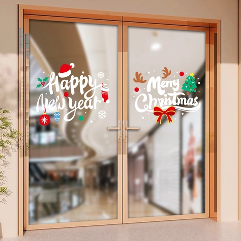 Christmas Window Static Stickers Merry Christmas Happy New Year PVC Glass Decals For Store Home Festival Decor