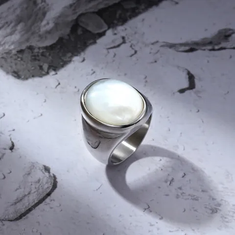 Stainless Steel Mother Of Artificial Pearl Shell Ring Oval Wide Band Signet Fashion Jewelry For Women Men