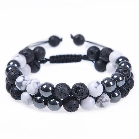 Double Layer Beaded Bracelet Natural White Howlite Lava Stone Hematite Diffuser Adjustable Braided Rope Men Jewelry