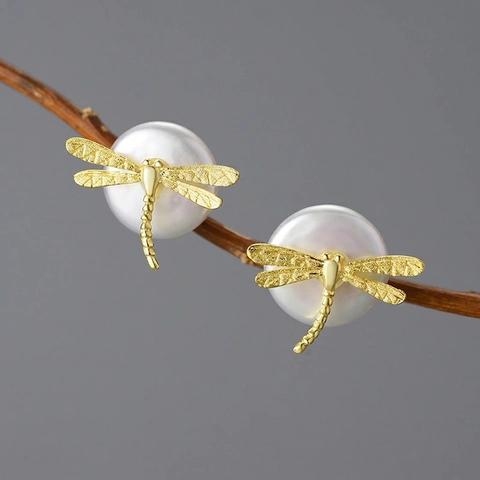 Dragonfly Stud Earrings For Women With Natural Artificial Pearl And 925 Sterling Silver Earring Post Tiny Insect Jewelry