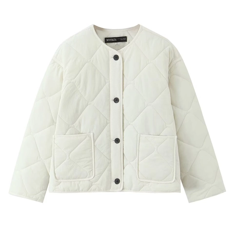Veste Matelassée Femme Manteau Rembourré Léger Col Rond Boutonné Motif Diamant Avec Poches Style Décontracté