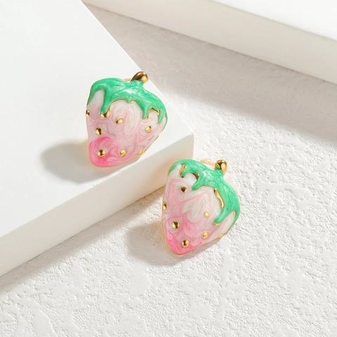 Vintage Sweet Strawberry Stud Earrings 18K Gold Plated Stainless Steel Enamel Niche Design Jewelry For Women