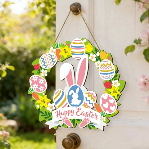 Easter Door Sign Wooden Wreath Bunny Ears Colorful Eggs Happy Easter Decorative Wall Hanging For Farmhouse Party Home Decor