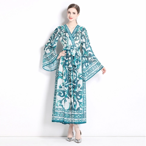 Vestito Maxi Elegante Da Donna Con Scollo A V Maniche A Campana Stampa Floreale Chiffon Linea A