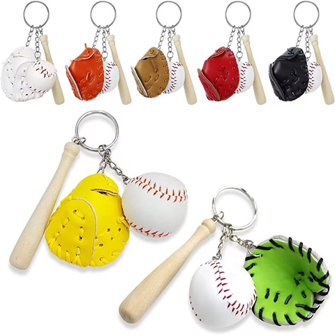 Mini Baseball Keychain Simulated Baseball Glove And Wood Bat Sports Theme Bag Charm Hand Stitched PU Leather Key Ring Gift