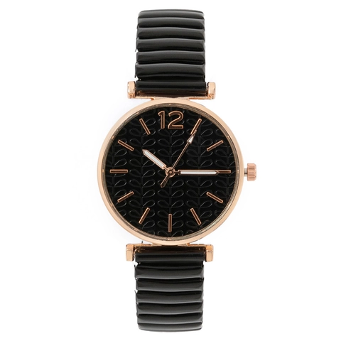 Women Quartz Watch Leaf Embossed Dial Round Alloy Case Metal Elastic Stretch Band Fashion Retro Minimalist Wristwatch