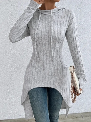 Sweat À Capuche Femme Tricot Côtelé Manches Longues Ourlet Asymétrique Cordon Haut Tunique Décontracté Pullover