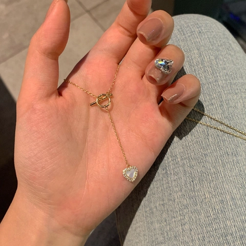 Heart Pendant Necklace With Mother Of Artificial Pearl Zircon Gold Plated Stainless Steel T-Bar Clasp Korean Style Jewelry For Women