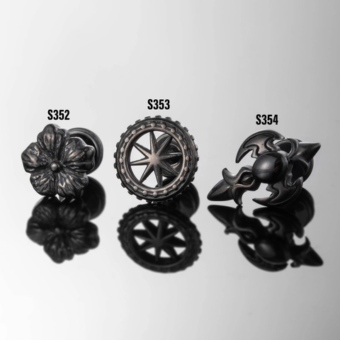 Gothic Punk Gear Star Flower Stud Earrings Black Stainless Steel Titanium Cartilage Piercing Fashion Jewelry
