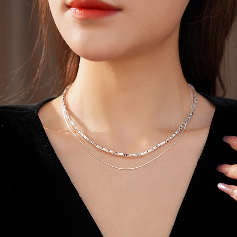 Double Layer Necklace Copper Silver Plated Snake Bone Chain Geometric Square Block Minimalist Jewelry For Women Elegant