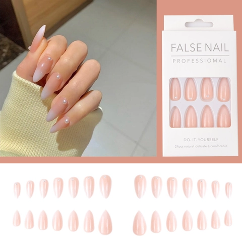 Lange Almond Stiletto Press On Nagels Nude Roze Gradiënt Kunstparel Ingelegd Kunstnagels Elegante DIY Manicure Voor Vrouwen