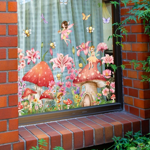 Pegatinas Estáticas De Ventana Casa De Setas Jardín De Hadas Color Doble Cara PVC Calcomanías De Vidrio Impermeables