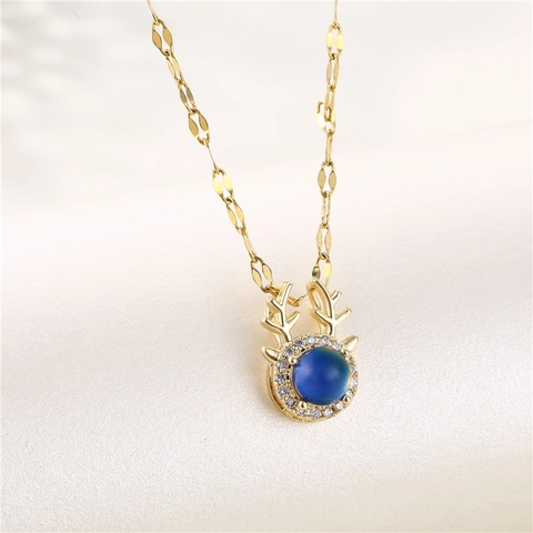 Reindeer Antler Pendant Necklace Titanium Steel Brass Zircon Temperature Sensitive Color Changing Elegant Forest Style