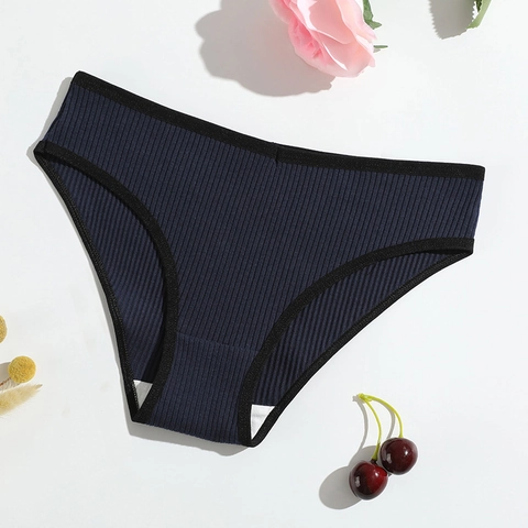 Women's Cotton Ribbed Panties Low Waist Breathable Contrast Binding Solid Color Underwear Soft Briefs
