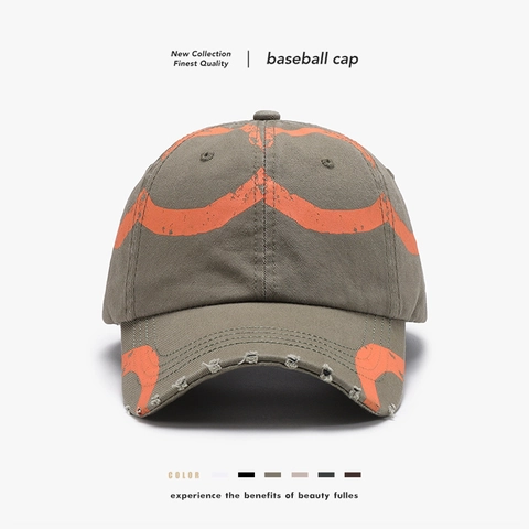 Cappello Da Baseball Cotone Distressed Bordi Consumati Stampa Grafica Traspirante Regolabile Parasole Vintage Streetwear