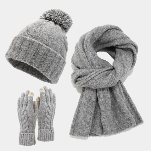 Gorro De Punto De Invierno Bufanda Larga Y Guantes Táctiles Acrílico Trenzado Pompon Cálido Grueso Accesorios De Invierno