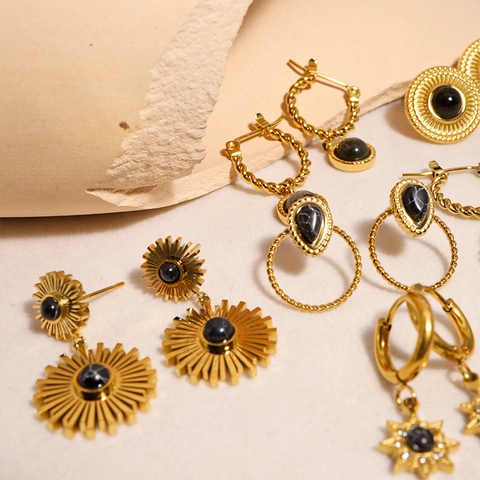 Orecchini A Stella Vintage Per Donna Acciaio Inossidabile Placcato Oro 14K Pietra Naturale Gioielli Retro