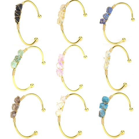 Handmade Natural Raw Stone Wire Wrapped Cuff Bangle Bracelet Adjustable Gold Plated Irregular Crystal Jewelry Women