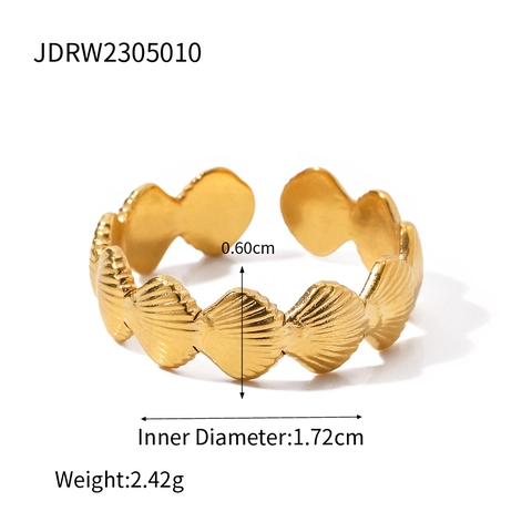 Shell Texture Linked Ring 18K Gold Plated Stainless Steel Open Adjustable Scallop Ocean Style Fashion Jewelry For Women