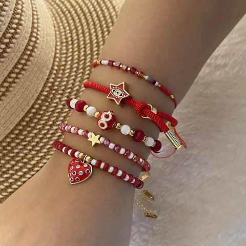 Bohemian Beaded Bracelets Natural Stone Crystal Copper Evil Eye Heart Star Pendant Woven Rope Jewelry Women