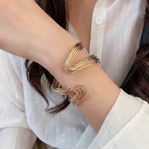 Bracciale Rigido Aperto Multistrato Intrecciato Minimalista In Ferro Galvanizzato Geometrico Regolabile Donna Gioiello