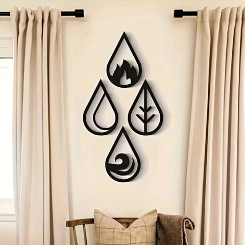 Teardrop Wall Hanging Decorative Signs Poplar Wood Natural Elements Fire Water Earth Air Symbols Black Matte Finish Home Decor