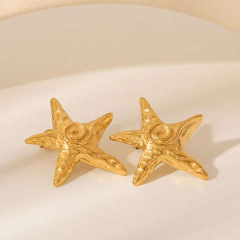 Orecchini A Lobo Stella Marina Acciaio Inossidabile Placcato Oro 18K Texture Martellata Design Spirale Vintage Per Donne
