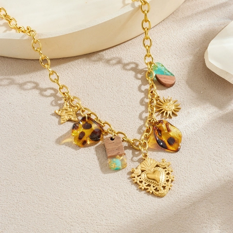 Vintage Bohemian Pendant Necklace Gold Plated Stainless Steel With Leopard Resin And Wood Charms For Women