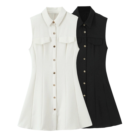 Women Sleeveless Shirt Mini Dress Polyester Crepe Button Down Lapel Collar Solid Color Pockets A-Line Elegant