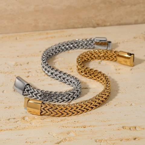 Bracciale In Acciaio Inossidabile Doppia Fila Intreccio Franco Grano Piatto Largo Hip Hop Maglia Cubana Gioielli
