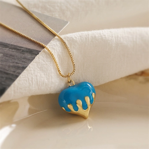 Heart Pendant Necklace Copper Enamel Melting Gold Effect Clavicle Chain Jewelry For Women Fashion