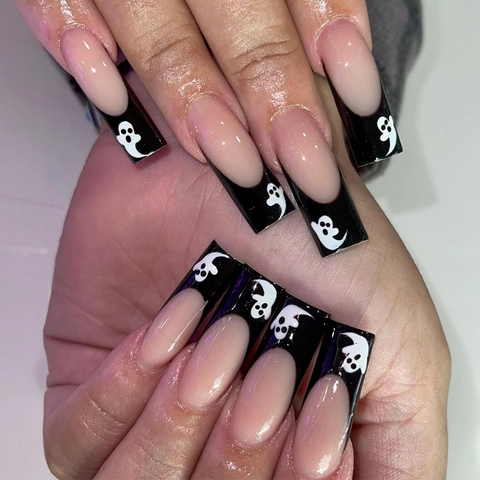 Unghie Finte Halloween Fantasma French Tip Nera Forma A Bara Lunga Per Donne Accessorio Per Manicure Per Feste Festive
