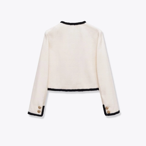 Veste En Tweed Élégante Pour Femme Courte Col Rond Manches Longues Bordure Contrastée Boutons Dorés Style Français