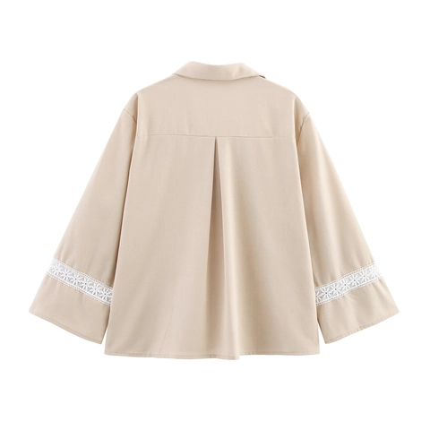 Women Blouse Shirt Lace Patchwork Long Sleeve V-Neck Single-Breasted Loose Casual Elegant Solid Color Top
