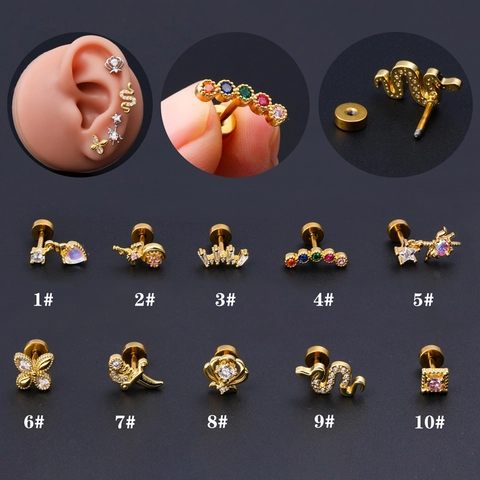 Orecchini Cartilagine Rame Zircone Acciaio Inossidabile Barbell Helix Tragus Piercing Gioielli Corpo Serpente Cuore Stella Corona