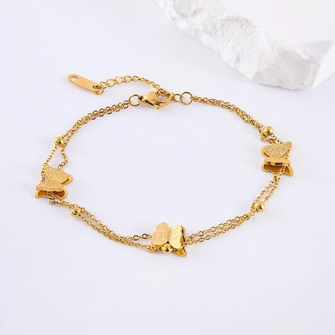 Stainless Steel Double Layer Butterfly Bracelet For Women Minimalist Frosted Animal Charm Fashion Elegant Jewelry Gift