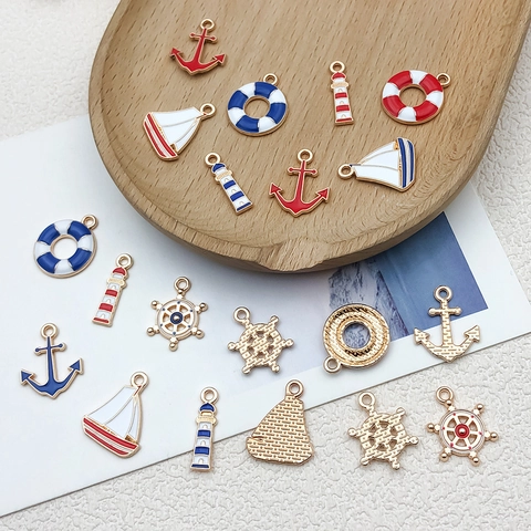 Ciondoli Nautici Lega Smalto Ancora Barca A Vela Salvagente Faro Timone Pendenti Per DIY Creazione Gioielli
