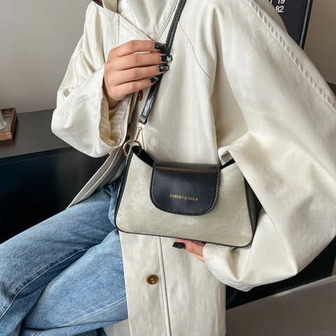 Sac À Épaule Vintage Femmes Cuir PU Tissu Patchwork Grande Capacité Sac Sous L'aisselle Style Minimaliste