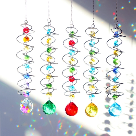 3D Rotating Spiral Suncatcher Wind Chime Crystal Ball Prism Rainbow Maker Metal Hanging Ornament Garden Decor