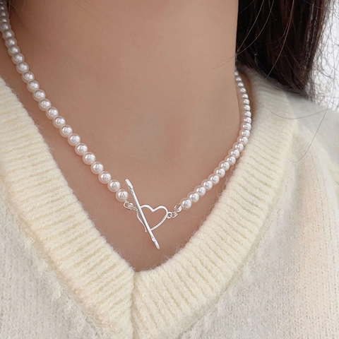 925 Sterling Silver Artificial Pearl Necklace Heart Arrow Toggle Clasp Cupid Choker Romantic Jewelry For Women