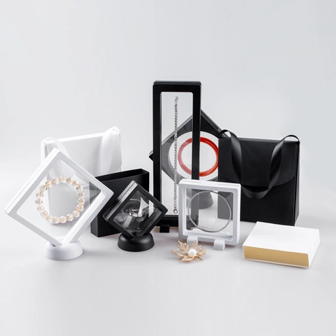 Jewelry Display Box 3D Floating Transparent PE Film Plastic Frame Case For Rings Earrings Bracelets Coins Anti-Oxidation