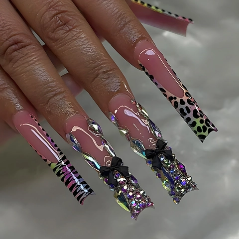 Extra Lange Sarg Kunstnägel Leopard Zebra Print 3D Strass Schwarze Schleife Rosa Künstliche Falsche Nägel Y2K Damen